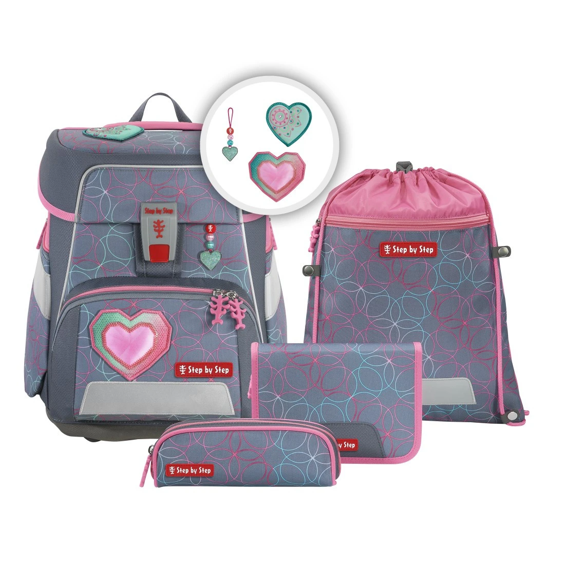 Schulranzen Space - 5-teiliges Set, Step By Step, Glitter Heart Hazle, AGR-Zertifikat 1 Schulranzen Space - 5-teiliges Set, Step By Step, Glitter Heart Hazle, AGR-Zertifikat